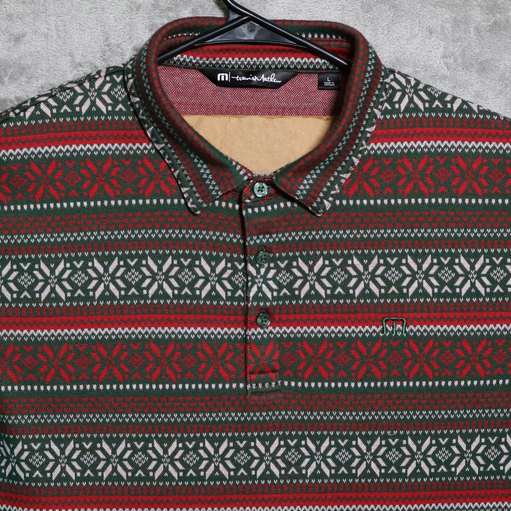 Travis Mathew Polo Shirt Mens Large Green Red Fair Isle Long Sleeve Golf 1MX372